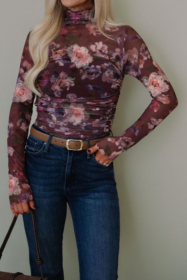 Brown High Neck Ruched Floral Mesh Top