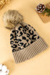 Light French Beige Faux Fur Pompom Leopard Knit Beanie
