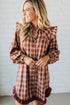 Red Plaid Print Ruffled Long Sleeve Patchwork Hem Mini Shirt Dress