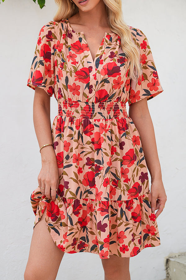 Red Floral Print Wrap V Neck Short Sleeve High Waistband Mini Dress