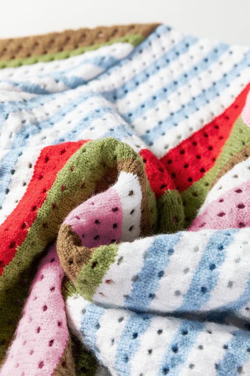 Multicolour Striped Pointelle Knit Short Sleeve Sweater