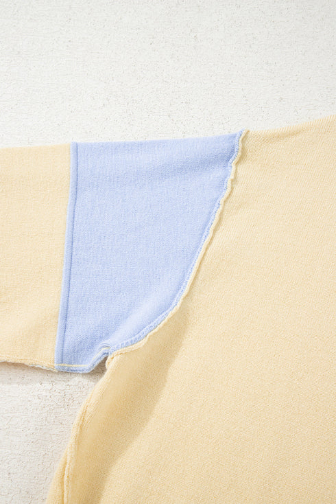 Sky Blue Stripe Contrasting Polo Collar Color Block Knit Drop Shoulder Sweater