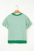Bright Green Contrast Detail Striped Ruffle Short Sleeve Top