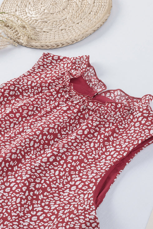 Fiery Red Leopard Print Ruffled Neck Tank Top