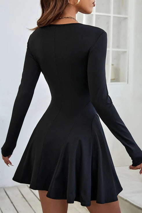 Black Solid Color Long Sleeve Fit-and-flare Mini Dress