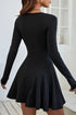 Black Solid Color Long Sleeve Fit-and-flare Mini Dress