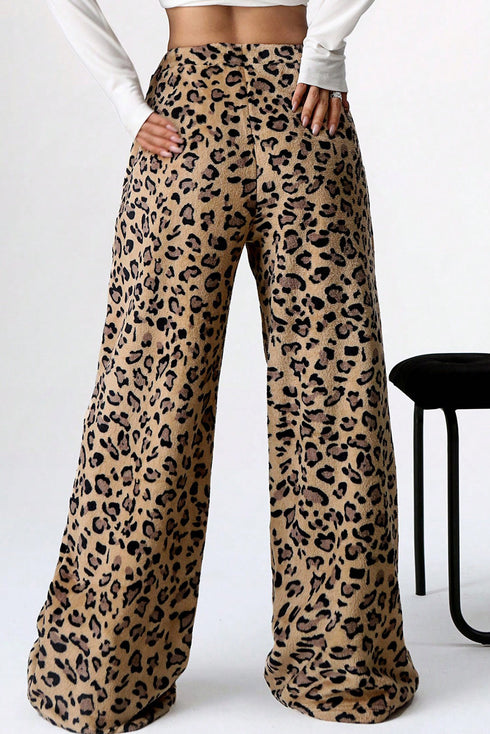 Brown Contrast Ribbon Bow Decor Leopard Print Plush Wide Leg Pants