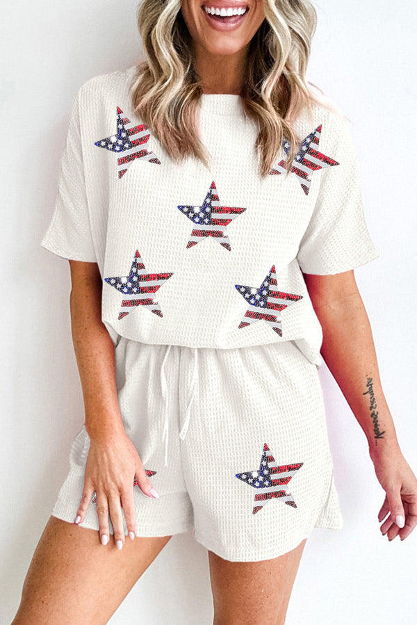 white-waffle-sequin-american-flag-star-pattern-2pcs-shorts-set