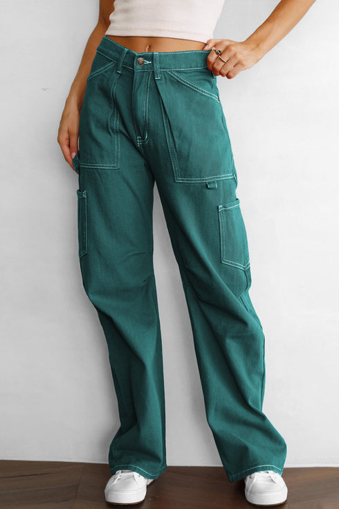 Green High Waist Straight Leg Cargo Pants with Pockets