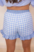 Sky Blue Gingham Print Ruffle Striped Detail Lace Tie Shorts