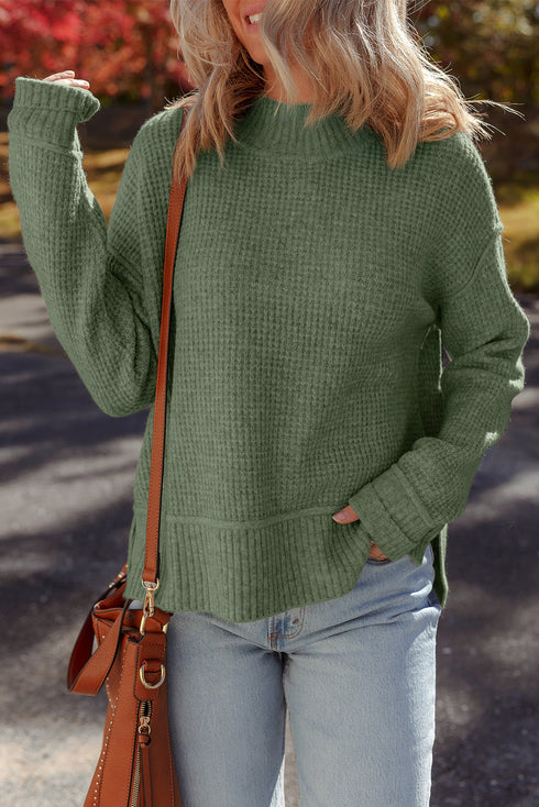 Mist Green Waffle Texture Knit Ribbed High Neck Drop Shoulder Sweater