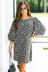 Black Leopard Print Bubble Sleeve Shift Mini Dress