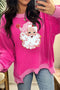 Strawberry Pink Twisted Ribbed Color Block Father Christmas Patched Graphic Long Sleeve Top