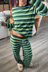 Green Stripe Contrast Trim Long Sleeve Top Loose Pants 2pcs Pajama Set