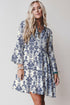 Sky Blue Boho Floral Print Lettuce Trim 3/4 Sleeve Mini Dress