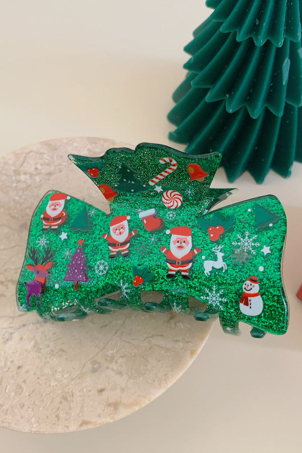 Dark Green Christmas Theme Printed Glister Hair Claw Clip