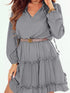 Gray V Neck Long Sleeve Ruffle Tiered Mini Dress