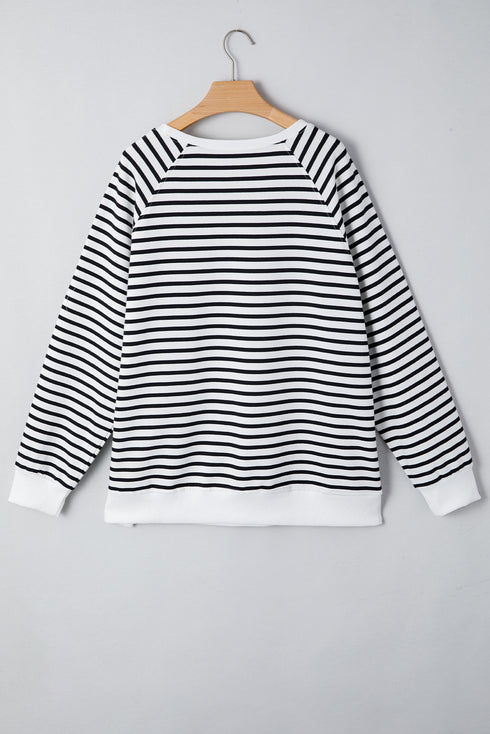 Black Stripe Raglan Sleeve Side Slits Loose Sweatshirt