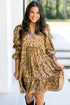 Khaki Leopard Print V Neck Ruffled Sleeve Tiered Loose Mini Dress