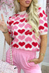 Sachet Pink 2-tone Heart Print Valentine Crew Neck Short Sleeve Sweater