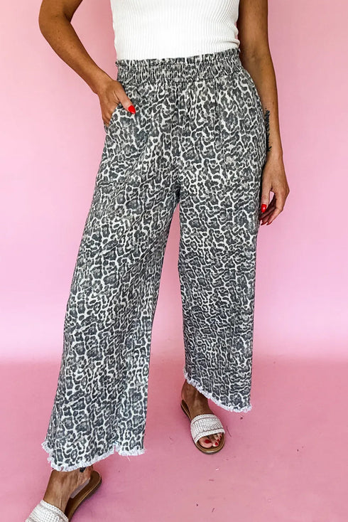 Brown Leopard Print Raw Hem Elastic Waist Loose Pull On Jeans