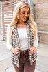 Brown Retro Plaid Print Snap Button Stand Neck Vest