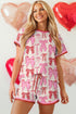 Pink Bow Print Striped Trim Loose Tee Drawstring Shorts 2pcs Set