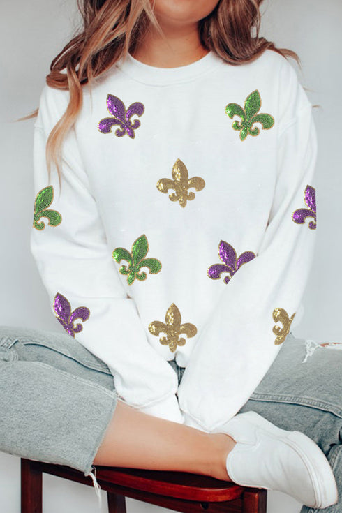 White Sequin Fleur De Lis Mardi Gras Graphic Pullover Sweatshirt