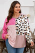 Rose Red Plus Size Twisted Ribbed Color Block Leopard Patchwork Long Sleeve Top