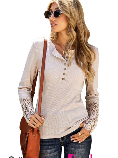 beige-crochet-lace-hem-sleeve-button-top