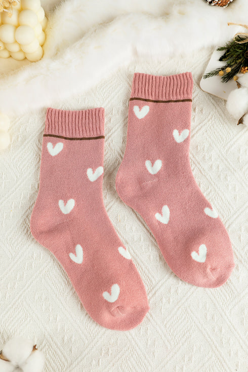 Pink Contrast Heart Print Ribbed Cuff Womens Crew Socks