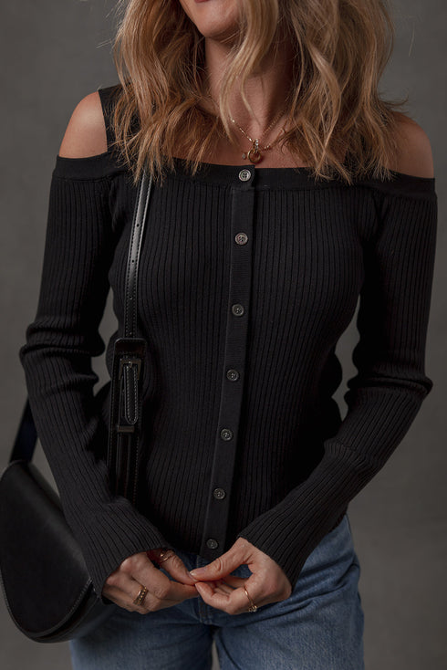 Black Ribbed Knit Cold Shoulder Button Front Sweater