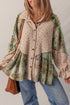 Mist Green Boho Floral Plaid Patchwork Distressed Detail Ruffled Sleeve Waffle Knit Shacket