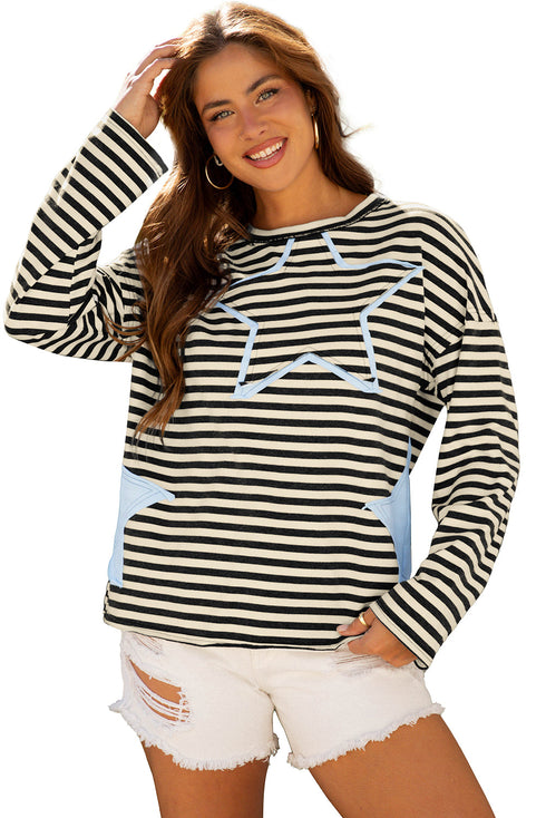 Black Stripe Starry Patch Drop Shoulder Raw Edge Casual Knit Top