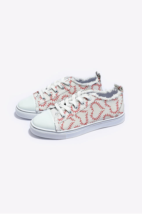White Baseball Seam Printed Frayed Canvas Shoes