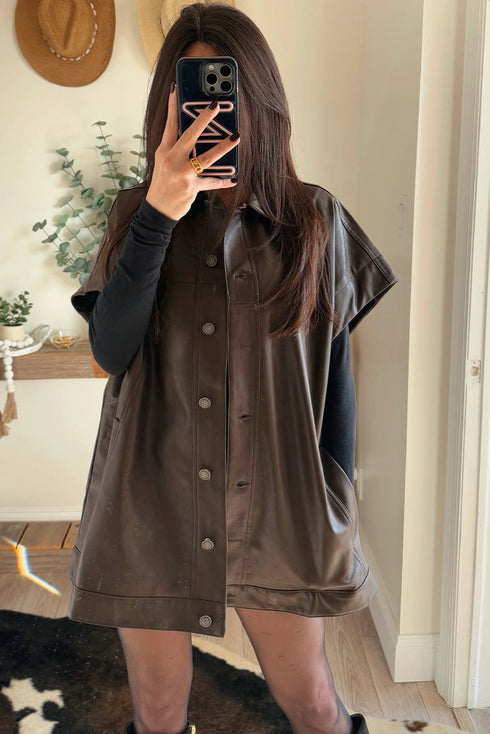 Chicory Coffee Faux Leather Short Sleeve Collared Button Front Jacket