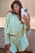 Green Gingham Long Sleeve Loose Top Drawstring Shorts 2pcs Pajama Set