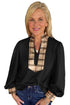 Black Contrast Plaid Patchwork V Neck Long Sleeve Blouse