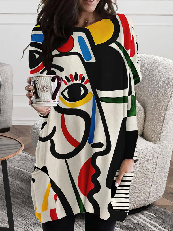 Women's Abstract Face Print Long Sleeve Pocket Dress