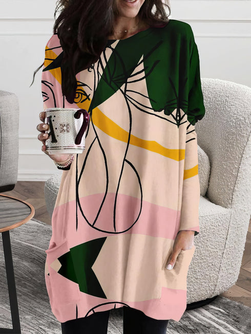 womens-dresses-abstract-face-print-round-neck-pocket-long-sleeve-dress