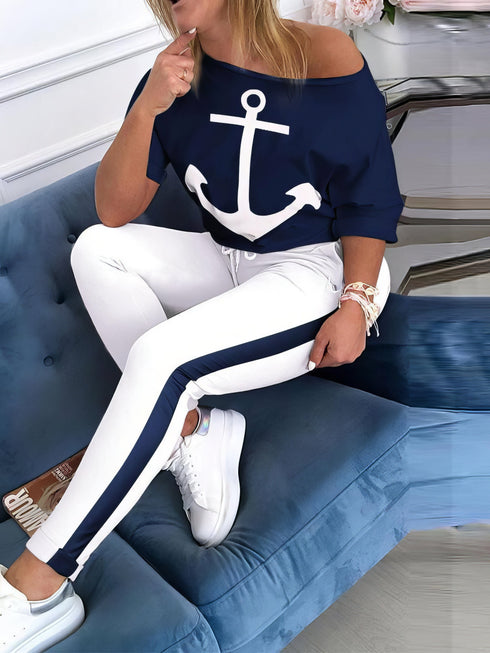 womens-sets-anchor-print-v-neck-long-sleeve-t-shirt-trousers-two-piece-suit