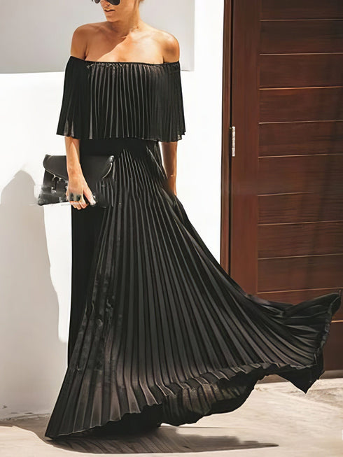 womens-dresses-boat-neck-one-shoulder-pleated-chiffon-dress