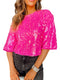 Sparkling Bright Pink Sequin Round Neck Top with Half Sleeves