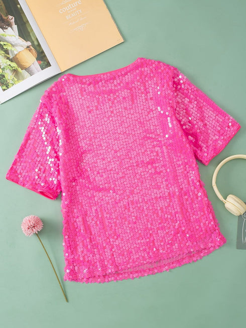 Sparkling Bright Pink Sequin Round Neck Top with Half Sleeves