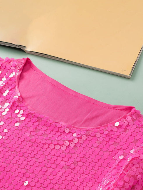 Sparkling Bright Pink Sequin Round Neck Top with Half Sleeves