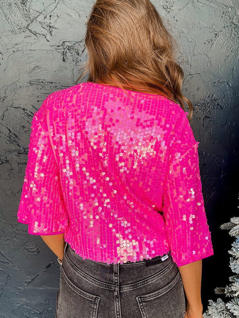 Sparkling Bright Pink Sequin Round Neck Top with Half Sleeves