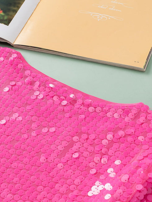 Sparkling Bright Pink Sequin Round Neck Top with Half Sleeves