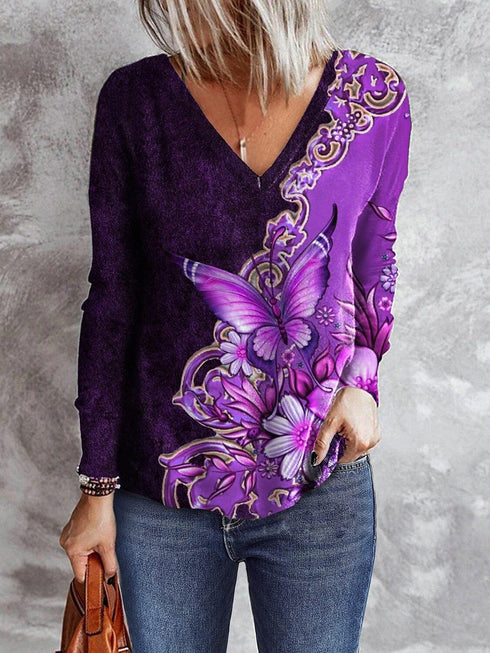 womens-t-shirts-butterfly-print-v-neck-long-sleeve-t-shirt