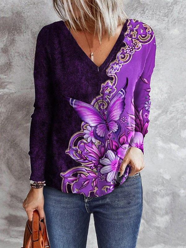 womens-t-shirts-butterfly-print-v-neck-long-sleeve-t-shirt