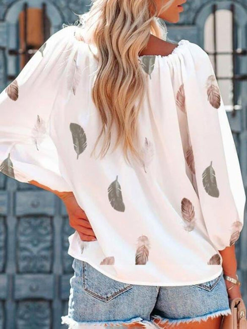 casual-feather-print-off-shoulder-strap-blouse
